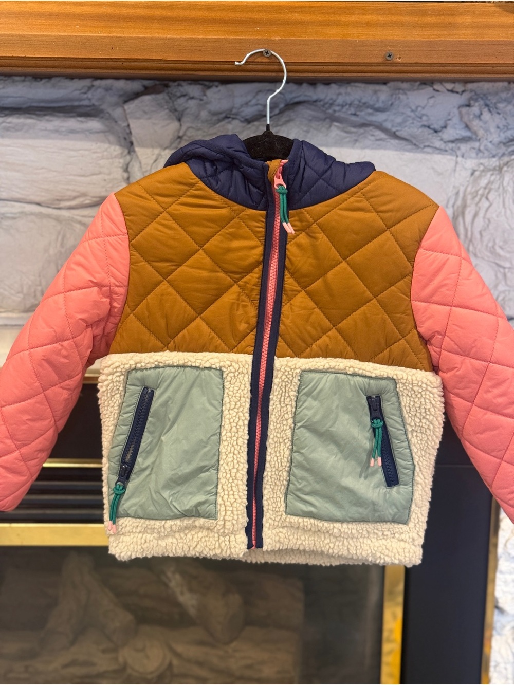 Mini Boden Quilted Colorblock Puffer Jacket — Ochre , Pink, Navy. Girls